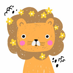Cute funny vector lion hand drawn illustration with tropical yellow flowers in a mane. Ready greeting card template.