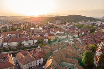 Aerial panorama of the Slovenian capital Ljubljana at sunset.