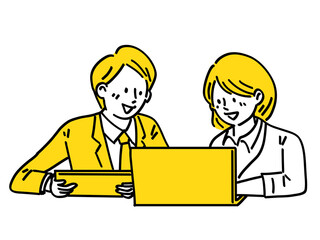 ノートパソコン 打ち合わせ 営業 受付 女性 男性 シンプル イラスト.