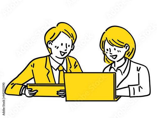 ノートパソコン 打ち合わせ 営業 受付 女性 男性 シンプル イラスト 30s Wall Mural 3 Risings