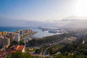 Aerial and panoramic view of the city and port of Malaga in Spain.