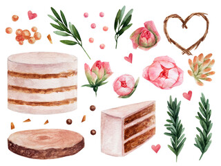 A set of cakes in watercolor