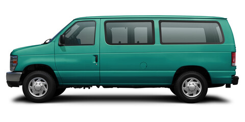 Side view of a modern passenger American minibus in blue-green. Isolated on a white background.
