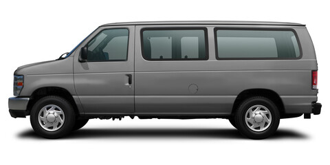 Side view of a modern passenger American minibus in gray. Isolated on a white background.