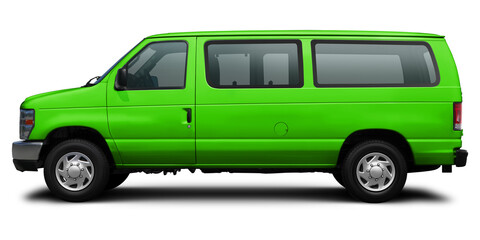 Side view of a modern passenger American minibus in green. Isolated on a white background.