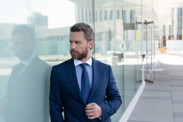 Fototapeta premium mature bearded man businessperson in businesslike formal suit outside the office, formalwear