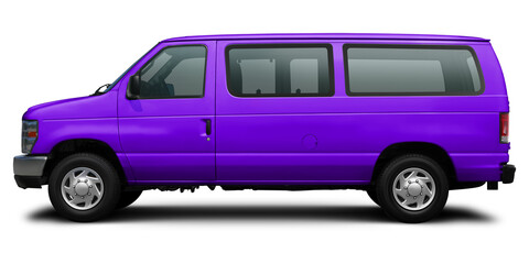 Side view of a modern passenger American minibus in purple. Isolated on a white background.