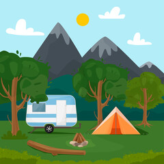Summer camp with bonfire, tent and van. Vector cartoon landscape with mountains, forest and camping. Web banner for summer camp, nature tourism, camping, hiking, trekking