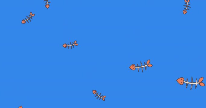 Animation of multiple fish skeletons floating on blue background