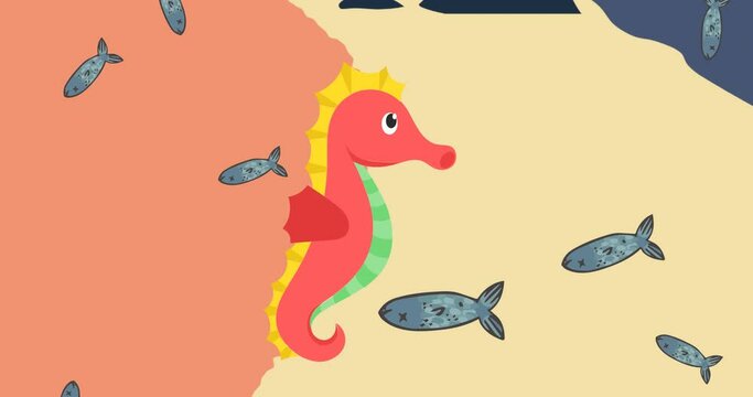 Animation of seahorse and fish swimming on orange and yellow background