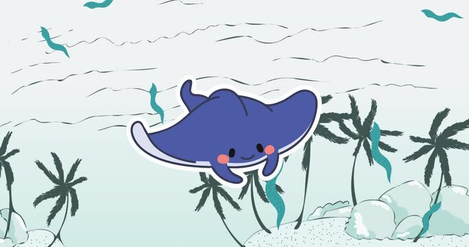 Animation of blue stingray fish swimming on sea background