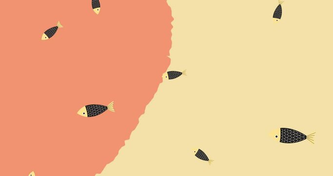Animation of fish swimming on orange and yellow background