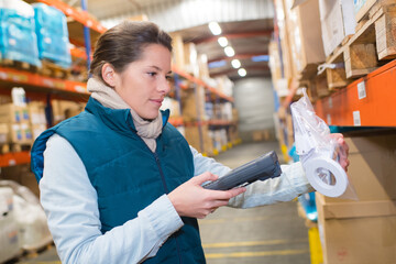female worker with barcode scanner in warehouse
