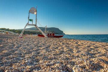 Lifeguard equipment in the beach of Numana, Ancona