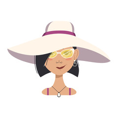 Avatar of a woman with a grin on her lips, black short hair, a suspicious face, glasses and a summer hat with different emotions. Human face, fashionable girl on the beach