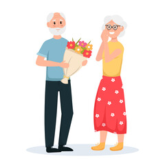 Senior couple on date. Elderly man giving flower bouquet to happy woman. Happy family, old spouses. Vector illustration.