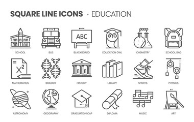 Education related, square line vector icon set.