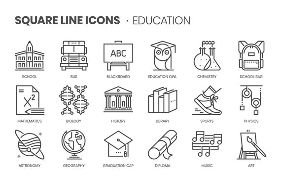 Education related, square line vector icon set.