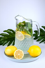 A jug of lemonade with lemon slices, fresh mint and ice cubes on the table. Making fresh lemonade. Close-up.