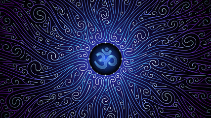 Vector sacred mandala with spiritual symbol Om. Complex graphic art with pattern of spirals. Power and energy of yoga and meditation. Shiny blue ornament on black backdrop. - obrazy, fototapety, plakaty