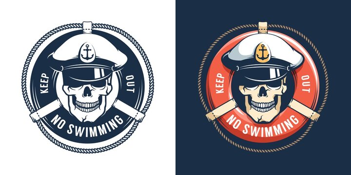 Lifebuoy and Captain Skull - no swimming logo. Pirate emblem with skull in captain cap. Vector illustration.