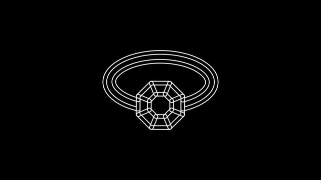White line Diamond engagement ring icon isolated on black background. 4K Video motion graphic animation