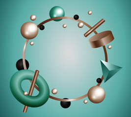 Flying geometric shapes in motion with golden round frame. Dynamic set of realistic spheres, rings, tubes. Modern background for product design show in blue color. 3d render illustration.