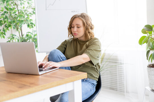 Business woman using laptop sitting desk white modern office interior with houseplant