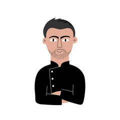 Cartoon hand drawn chef with crossed arms and wearing black chef uniform. 