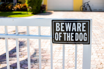 Beware of the dog sign on white fence gate railing in residential neighborhood house home in...