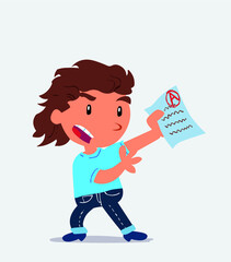 artoon character of little girl on jeans arguing effusively with exam in hand.