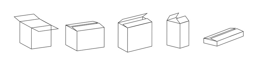 Box flat line icon set. Carton, wood boxes, product package, gift vector illustrations.