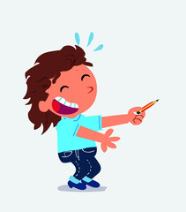 artoon character of little girl on jeans laughs while pointing to the side with a pencil