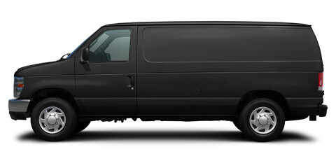 Modern American cargo minibus black color side view. Isolated on a white background.