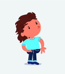 cartoon character of little girl on jeans looks with doubt and somewhat surprised