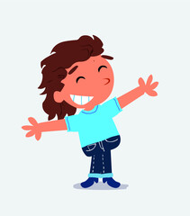 cartoon character of little girl on jeans opening arms very happy.