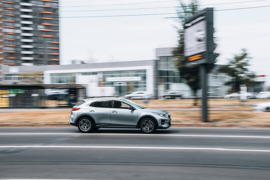Ukraine, Kyiv - 27 June 2021: White KIA XCeed car moving on the street. Editorial