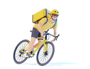Bicycle delivery courier with parcel backpack. Courier deliveryman riding bike with thermal bag. Man delivering food, orders or parcels on bicycle. 3d illustration. Express delivery concept
