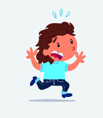 cartoon character of little girl on jeans runs away in terror