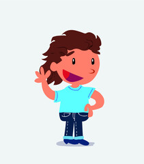 cartoon character of little girl on jeans waving happily.