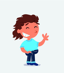 cartoon character of little girl on jeans waving informally while laughing