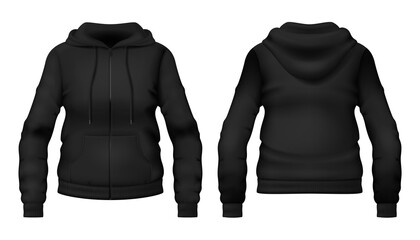 Template of blank black hoodie with pocket. Front and back views. Photo-realistic vector illustration. © vixenkristy