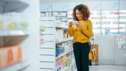 Pharmacy Drugstore: Beautiful Black Young Woman Walking Between Aisles and Shelves Shopping for...