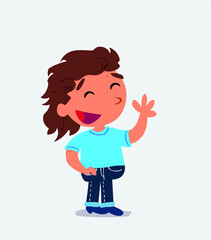  cartoon character of little girl on jeans waving informally while smiling.