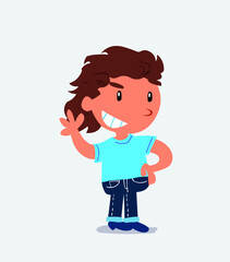 cartoon character of little girl on jeans waving while smiling