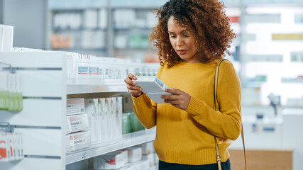 Pharmacy Drugstore: Beautiful Black Young Woman Walking Between aisles and Shelves Shopping for Medicine, Drugs, Vitamins, Supplements, Health Care Beauty Products with Modern Package Design