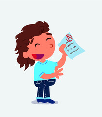  happy cartoon character of little girl on jeans explaining something with exam in hand.