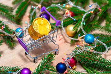 Trolley ,Christmas present. Branches of a Christmas tree.