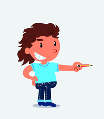  happy cartoon character of little girl on jeans points with pencil to the side.