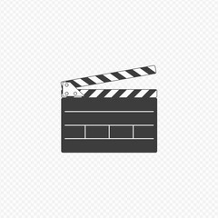 Simple clapper board icon. Opened Movie Film Clap Board isolated on transparent background. Template of Clapperboard, Slapstick. Cinematography and filmmaking equipment. Vector EPS 10.